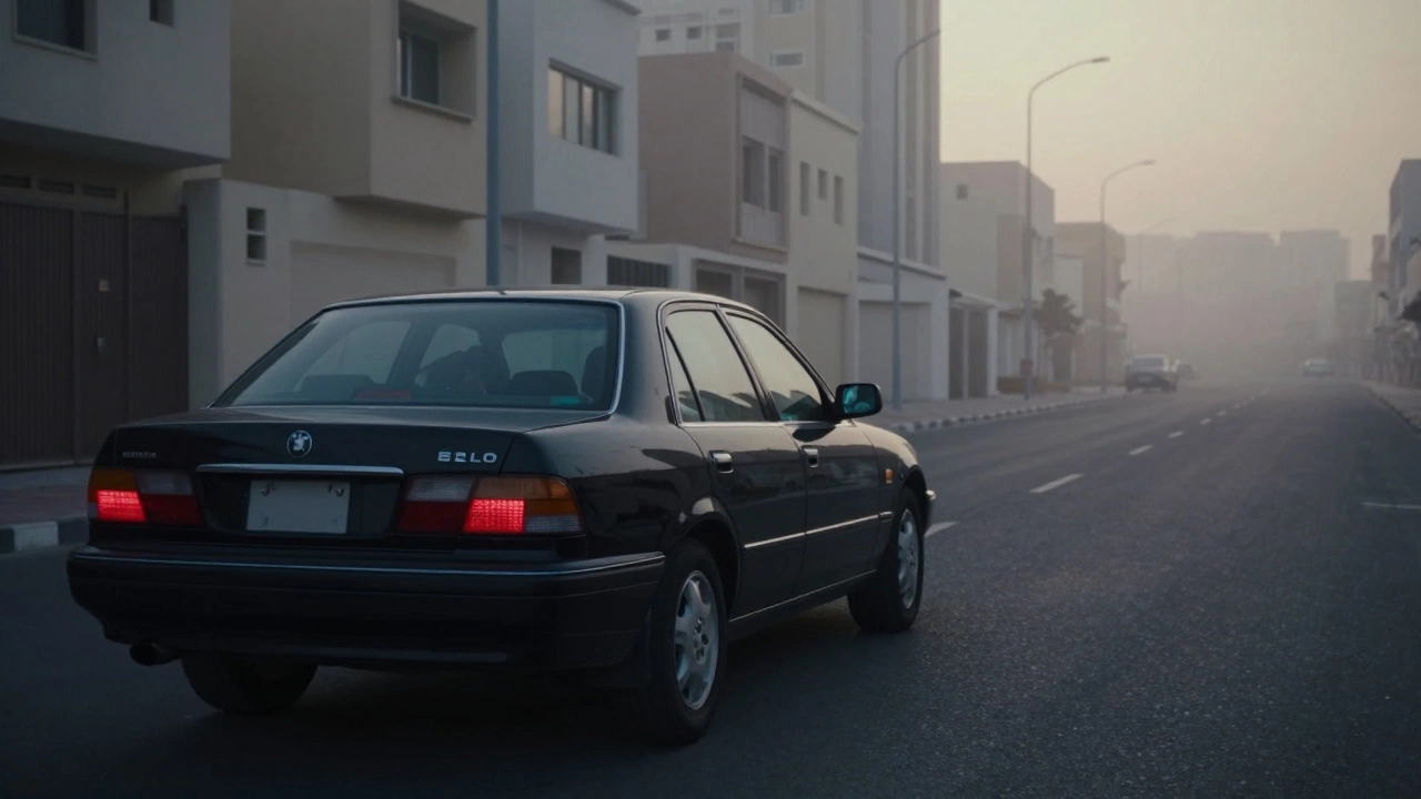 An unmarked car leaving a quiet Dubai street at dawn, no plates visible, symbolizing invisible service.